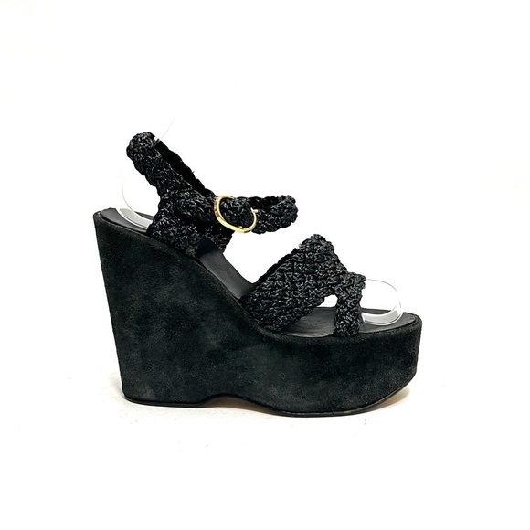 Vintage 1970s black suede rattan braided strappy platform wedge disco heels